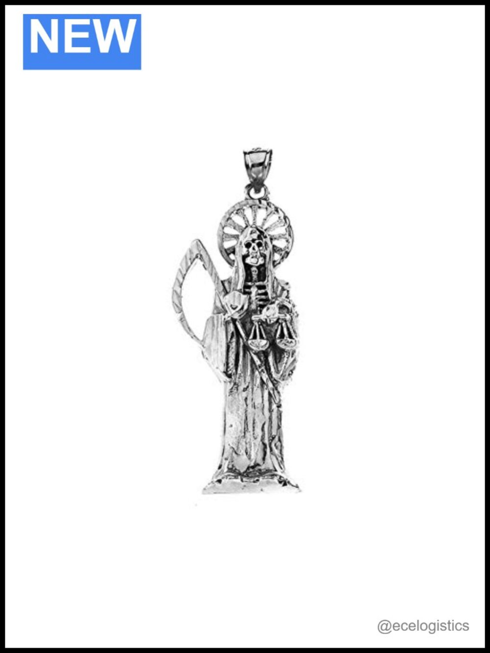Fine Oxidized Sterling Silver Santa Muerte Grim Reaper Pendant